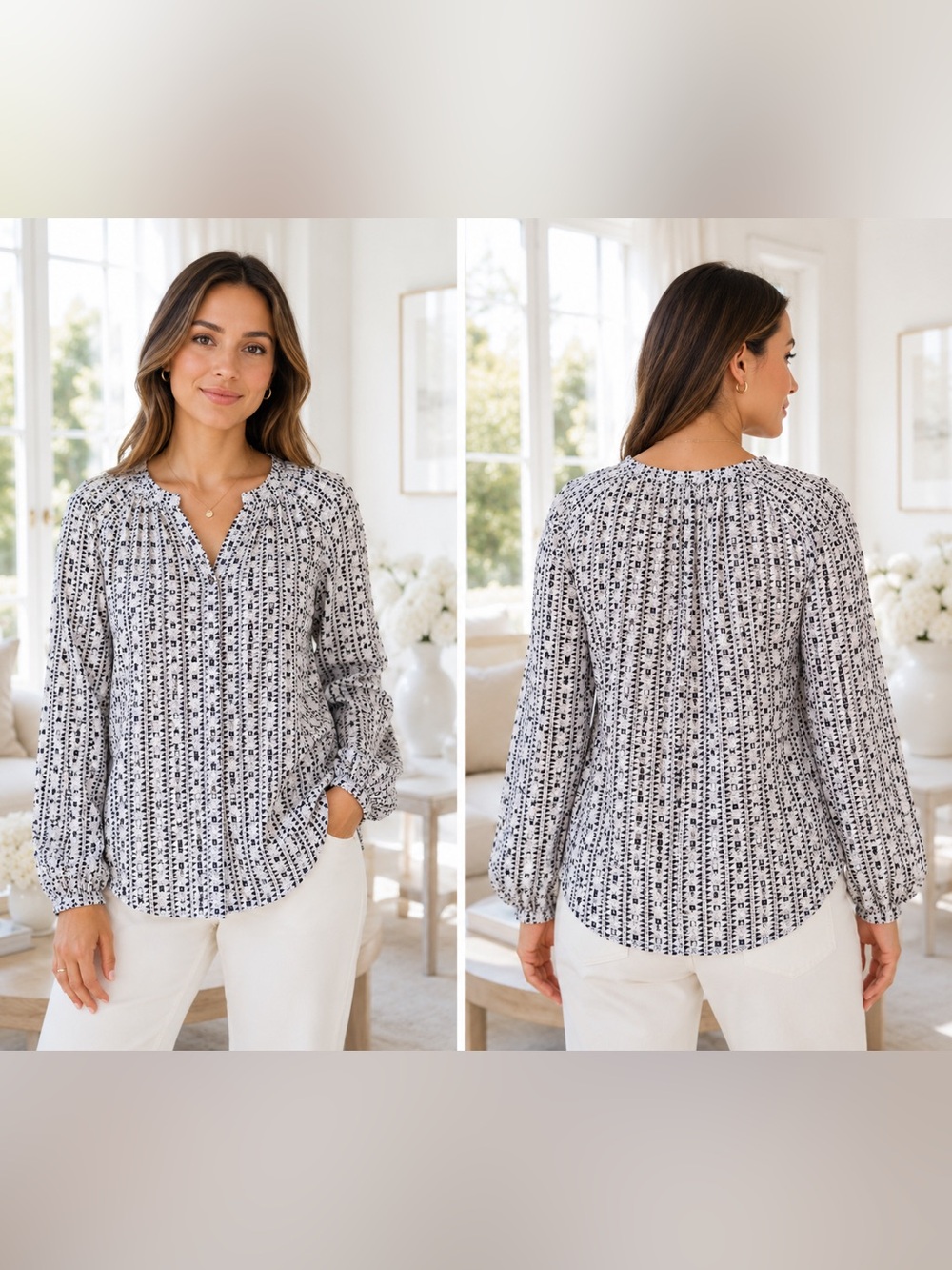 Olive & Oak Black and White Printed V-Neck Sheer Blouse size Small EUC